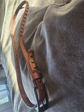 Vegan Studded Skiny Belt Tan Bronze 30-34